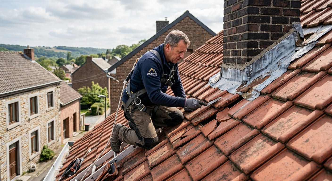 Couvreur professionnel inspectant des tuiles abîmées et un solin d'étanchéité sur une maison en Wallonie