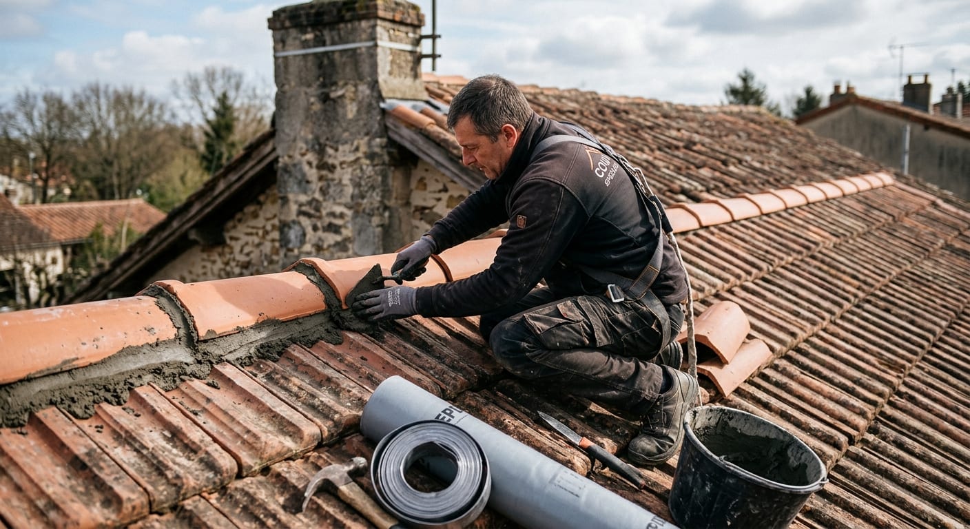 Détail technique d'une réparation de joint d'étanchéité et de faîtage sur une toiture rénovée